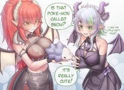 !, 2girls, ?, bare shoulders, breasts, bsapricot (vtuber), cleavage, commentary, cowboy shot, creatures (company), cross, detached sleeves, dragon girl, dragon horns, dragon tail, dragon wings, english commentary, english text, eyebrows visible through hair, fang, fingerless gloves, game freak, gen 8 pokemon, gloves, hair between eyes, hair ornament, hairclip, highres, horns, hungrydurp, large breasts, lich, long hair, looking at animal, multiple girls, multiple horns, nintendo, pointy ears, pokemon, ponytail, red eyes, short hair, snom, speech bubble, standing, tail, tongue, virtual youtuber, vshojo, wings, yellow eyes, zentreya (vtuber)