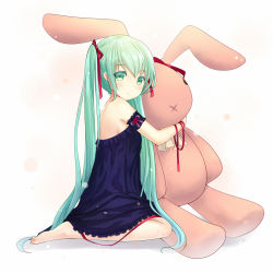 Rule 34 | 1girl, bad id, bad pixiv id, bare shoulders, barefoot, rabbit, frills, from side, full body, hair ribbon, hatsune miku, highres, hug, long hair, ribbon, simple background, sitting, solo, stuffed animal, stuffed rabbit, stuffed toy, sumikko no aria, twintails, very long hair, vocaloid, wariza