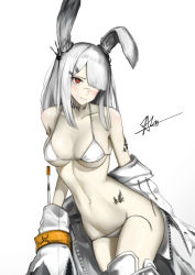 Rule 34 | 1girl, animal ears, arknights, bare shoulders, bikini, blush, breasts, chaciooh, cleavage, closed mouth, collarbone, commentary request, cowboy shot, frostnova (arknights), groin, hair ornament, hair over one eye, hairclip, highres, jacket, large breasts, long hair, looking at viewer, material growth, navel, off-shoulder jacket, off shoulder, open bikini, open clothes, oripathy lesion (arknights), pale skin, rabbit ears, rabbit girl, red eyes, scar, silver hair, simple background, solo, stomach, string bikini, swimsuit, thighhighs, white background, white bikini, white jacket, white thighhighs