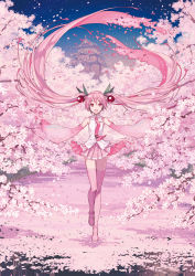 Rule 34 | 1girl, boots, cherry, cherry blossoms, collared shirt, detached sleeves, floating hair, flower, food, fruit, full body, hair flower, hair ornament, hatsune miku, headset, highres, ixima, long hair, looking at viewer, necktie, open mouth, petals, pink eyes, pink footwear, pink hair, pink necktie, pink skirt, pink theme, pink thighhighs, pleated skirt, sakura miku, shirt, sidelocks, skirt, sleeveless, sleeveless shirt, smile, solo, thigh boots, thighhighs, twintails, very long hair, vocaloid, white shirt, wide sleeves, wind, wind lift
