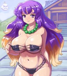 Rule 34 | 1boy, 2girls, absurdres, bead necklace, beads, bikini, bikini pull, bikini top pull, black bikini, breasts, brown hair, cleavage, clothes pull, cowboy shot, cross-laced clothes, gradient hair, groin, highres, hijiri byakuren, jewelry, kumoi ichirin, large breasts, multicolored hair, multiple girls, navel, necklace, outdoors, profitshame, pulling own clothes, purple eyes, purple hair, solo focus, swimsuit, touhou, unzan