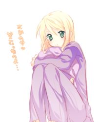 Rule 34 | 00s, 1girl, :&lt;, bad id, bad pixiv id, blonde hair, female focus, fullmetal alchemist, green eyes, knees to chest, long hair, hugging object, pajamas, pillow, pillow hug, riichu, solo, translation request, white background, winry rockbell