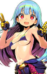 Rule 34 | 1girl, :d, bikini, blue bikini, blue hair, breasts, double v, kula diamond, long hair, looking at viewer, medium breasts, navel, onono imoko, open mouth, red eyes, simple background, smile, solo, swimsuit, the king of fighters, v, white background