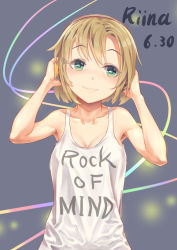 Rule 34 | 10s, 1girl, bare shoulders, blush, brown hair, character name, clothes writing, collarbone, commentary request, dated, green eyes, headphones, idolmaster, idolmaster cinderella girls, short hair, shoukichi (shony), smile, solo, tada riina, tank top, upper body