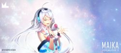Rule 34 | 1girl, ahoge, artist name, bare shoulders, blue background, character name, curly hair, closed eyes, facial tattoo, floating, floating hair, floating object, headphones, headset, highres, long hair, maika (vocaloid), microphone, music, noririn-hayashi, nova (vocaloid), robot, see-through, shirt, sidelocks, singing, sleeveless, sleeveless shirt, sparkle background, speaker, star (symbol), starry background, tattoo, very long hair, vocaloid, white legwear