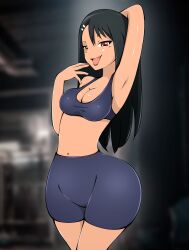 Rule 34 | 1girl, arms up, ass, black hair, breasts, brown eyes, curvy, gym, gym shirt, gym uniform, highres, huge ass, ijiranaide nagatoro-san, medium breasts, nagatoro hayase, naughty face, shirt, solo, thick thighs, thighs, wide hips, zonen404