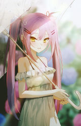Rule 34 | 1girl, absurdres, alternate costume, alternate eye color, blurry, blurry background, blush, breasts, cleavage, commentary, cowboy shot, day, dress, ear piercing, flower, frilled dress, frills, hair between eyes, hair ornament, hair ribbon, hairclip, halterneck, highres, holding, holding umbrella, hololive, light smile, lnji (rnlwls34), long hair, looking at viewer, medium breasts, multicolored hair, nail polish, off-shoulder dress, off shoulder, outdoors, parted lips, piercing, pink hair, purple hair, purple nails, ribbon, solo, standing, streaked hair, sunlight, tokoyami towa, transparent, transparent umbrella, twintails, two-tone hair, umbrella, virtual youtuber, white dress, white ribbon, yellow eyes