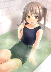 Rule 34 | 1girl, bath, bathtub, black one-piece swimsuit, brown eyes, brown hair, clothes pull, commentary request, flat chest, highres, looking at viewer, old school swimsuit, one-piece swimsuit, one-piece swimsuit pull, original, partially submerged, school swimsuit, shibacha, short hair, sitting, smile, solo, swimsuit, tile wall, tiles, twintails, water