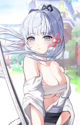 Rule 34 | 1girl, absurdres, ayaka (genshin impact), bandages, blue eyes, blue hair, blunt bangs, blunt tresses, blurry, blurry background, blush, breasts, budget sarashi, cleavage, collarbone, flower knot, genshin impact, hair ribbon, highres, holding, holding sword, holding weapon, japanese clothes, kimono, light blue hair, long hair, looking at viewer, medium breasts, mole, mole under eye, off shoulder, parted lips, ponytail, ribbon, sarashi, solo, sword, tress ribbon, weapon, white kimono, yeni1871