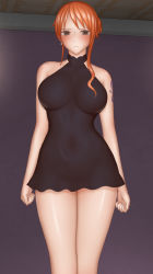 Rule 34 | 1girl, bare arms, bare legs, bare shoulders, black dress, blush, breasts, brown eyes, closed mouth, covered navel, dress, earrings, highres, jewelry, large breasts, legs, legs together, looking at viewer, nami (one piece), one piece, orange hair, ponte, sleeveless, solo, standing, tattoo, thighs
