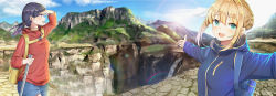 Rule 34 | 2girls, alternate costume, aqua eyes, artoria pendragon (all), artoria pendragon (fate), backpack, bag, black hair, blonde hair, blue jacket, blue shorts, blue sky, blurry, braid, cane, character request, cloud, cobblestone, cowboy shot, depth of field, facing away, fate (series), french braid, hair between eyes, hand to forehead, highres, hood, hood down, hooded jacket, jacket, kongbai, lens flare, looking at viewer, mountain, multiple girls, open mouth, outstretched arms, ponytail, rainbow, reaching, reaching towards viewer, red jacket, saber (fate), scenery, selfie, shorts, sidelocks, sky, spread arms, standing, stone walkway, teeth, thermos, upper body, upper teeth only, vacation, water, waterfall, wide shot