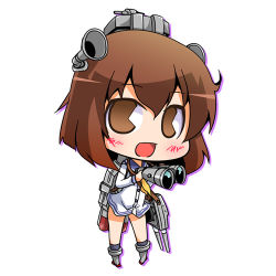 Rule 34 | 1girl, binoculars, brown eyes, brown hair, chibi, commentary request, dress, headgear, headset, kantai collection, looking at viewer, lowres, neckerchief, open mouth, pac-man eyes, sailor dress, short hair, simple background, solo, speaking tube headset, suntail, white background, yellow neckerchief, yukikaze (kancolle)