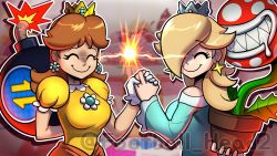 Rule 34 | 2girls, ^ ^, aqua dress, arm behind back, bare shoulders, blonde hair, bomb, breasts, brown hair, closed eyes, commentary, crown, dress, earrings, english commentary, explosive, false smile, flower pot, footballhead, gloves, grin, hair over one eye, hand up, highres, holding hands, jewelry, large breasts, lightning glare, long hair, long sleeves, mario (series), mario party, mario party superstars, mini crown, multiple girls, nintendo, off-shoulder dress, off shoulder, piranha plant, princess daisy, puffy short sleeves, puffy sleeves, rosalina, shaded face, short sleeves, smile, upper body, watermark, white gloves, wide sleeves, yellow dress