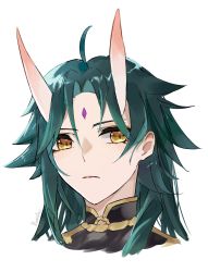 Rule 34 | 1boy, ahoge, arm tattoo, commentary, diamond-shaped pupils, diamond (shape), english commentary, eyeshadow, genshin impact, green hair, highres, horns, long hair, looking away, makeup, male focus, oni, oni horns, open mouth, parted bangs, red eyeshadow, riaashii, simple background, slit pupils, solo, symbol-shaped pupils, tattoo, white background, xiao (genshin impact), yellow eyes