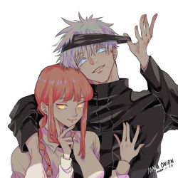 Rule 34 | 1boy, 1girl, arm around shoulder, black necktie, blindfold, blindfold lift, braid, braided ponytail, breasts, brown hair, business suit, chainsaw man, collared shirt, crossover, dated, formal, glowing, glowing eyes, gojou satoru, hand on another&#039;s chest, hand on own chin, high collar, highres, jacket, jujutsu kaisen, light smile, long sleeves, looking at viewer, maga (comicfans100), makima (chainsaw man), medium breasts, necktie, ringed eyes, shirt, short hair, silver hair, smile, suit, trait connection, white shirt, yellow eyes