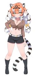 Rule 34 | animal ears, animal print, black hair, boots, bow, commentary request, crop top, denim, denim shorts, hair bow, highres, jewelry, kemono friends, kemono friends 3, long sleeves, looking at viewer, midriff, multicolored hair, navel, necklace, orange hair, ransusan, short shorts, shorts, siberian tiger (kemono friends), sleeves rolled up, solo, striped, tail, tiger ears, tiger girl, tiger print, tiger tail, twintails, white hair, yellow eyes