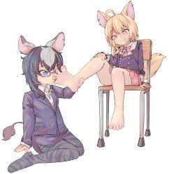 Rule 34 | 2girls, ahoge, animal ears, bare legs, barefoot, black hair, blonde hair, blue eyes, chair, chaosexceed, feet, fennery (show by rock!!), foot worship, glasses, highres, licking, licking foot, multicolored hair, multiple girls, show by rock!!, simple background, sitting, skirt, smile, soles, spread toes, tail, toenails, toes, white background, yuri, zebrina (show by rock!!)