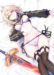 Rule 34 | 1girl, ahoge, artoria pendragon (fate), bed sheet, bikini, black jacket, black thighhighs, blonde hair, breasts, commentary request, cropped jacket, fal maro, fate/grand order, fate (series), glasses, gluteal fold, highres, jacket, long sleeves, looking at viewer, lying, medium breasts, mysterious heroine x alter (fate), mysterious heroine x alter (second ascension) (fate), navel, on back, open mouth, red-framed eyewear, short hair, shrug (clothing), side-tie bikini bottom, solo, stomach, swimsuit, sword, thighhighs, weapon, yellow eyes, zipper, zipper pull tab
