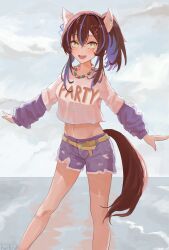 Rule 34 | 1girl, absurdres, adapted costume, alternate eye color, animal ears, artist name, bead necklace, beads, belt, blue hair, brown hair, cloud, cloudy sky, colored inner hair, cropped sweater, daitaku helios (umamusume), denim, denim shorts, ear covers, ear piercing, facial tattoo, feet out of frame, green eyes, hair between eyes, hair ornament, hairclip, highres, horse ears, horse girl, horse tail, hurbruh, jewelry, layered sleeves, long sleeves, looking at viewer, medium hair, midriff, multicolored hair, navel, necklace, open mouth, outdoors, piercing, short over long sleeves, short sleeves, shorts, side ponytail, sky, smile, solo, streaked hair, sweater, tail, tattoo, umamusume, white sweater, yellow belt