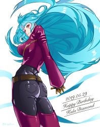 Rule 34 | 1girl, ass, belt, big hair, blue hair, chaps, character name, from behind, gloves, happy birthday, hime cut, juu satoshi, kula diamond, long hair, looking back, red eyes, solo, the king of fighters