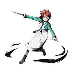 Rule 34 | 10s, 1girl, black necktie, brown eyes, chiba erika, divine gate, dress, full body, green jacket, holding, jacket, looking at viewer, mahouka koukou no rettousei, necktie, official art, red hair, shadow, short hair, smile, solo, spiked hair, transparent background, ucmm, white dress