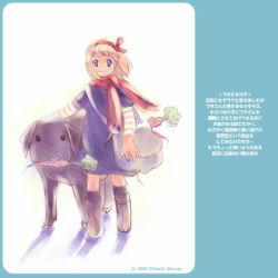 Rule 34 | blonde hair, blue eyes, carrot, naruse chisato, pig, scarf, short hair, solo