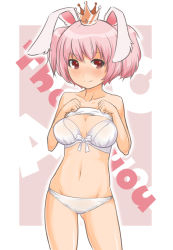 Rule 34 | 1girl, ac japan, aisatsu no mahou, alcohol (coldfront), animal ears, arigato usagi, bad id, bad pixiv id, blush, bra, breasts, clothes lift, coldfront, crown, lingerie, navel, panties, personification, pink hair, rabbit ears, red eyes, shirt lift, short hair, short twintails, solo, twintails, underwear