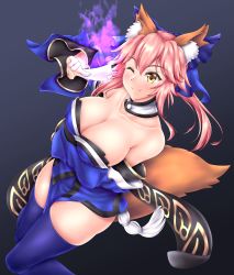 Rule 34 | 1girl, ;), animal ear fluff, animal ears, bare shoulders, blue kimono, blue ribbon, blue thighhighs, breasts, cleavage, collarbone, commentary, commentary request, detached sleeves, fate/extra, fate/extra ccc, fate/grand order, fate (series), fox ears, fox girl, fox tail, gradient background, hair ribbon, hiballista, highres, japanese clothes, kimono, large breasts, one eye closed, pink hair, ribbon, short kimono, smile, solo, tail, tamamo (fate), tamamo no mae (fate/extra), thighhighs, yellow eyes