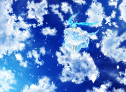 Rule 34 | 1girl, amemura, amemura (caramelo), aqua hair, blue hair, blue sky, blue theme, cloud, day, dress, closed eyes, from above, hatsune miku, long hair, outdoors, petals, reflection, skirt hold, sky, solo, twintails, vocaloid, wading, water, water world, white dress