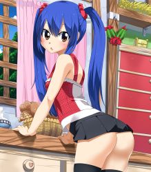 Rule 34 | absurdres, arm support, ass, black skirt, black thighhighs, blue hair, blush, bread, brown eyes, cowboy shot, day, fairy tail, food, hair between eyes, hair ornament, hair scrunchie, highres, huge filesize, indoors, leaning forward, long hair, looking at viewer, microskirt, open mouth, planeptune, pleated skirt, red shirt, scrunchie, shiny skin, shirt, skirt, sleeveless, solo, standing, steam, thighhighs, twintails, very long hair, wendy marvell, window