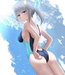 Rule 34 | 1girl, absurdres, adjusting clothes, adjusting swimsuit, animal ear fluff, animal ears, ass, black one-piece swimsuit, blue archive, blue eyes, breasts, competition swimsuit, cross hair ornament, extra ears, from behind, grey hair, hair ornament, halo, highres, looking at viewer, looking back, low ponytail, medium breasts, medium hair, mismatched pupils, multicolored clothes, multicolored swimsuit, niuwajun, official alternate costume, one-piece swimsuit, shiroko (blue archive), shiroko (swimsuit) (blue archive), solo, swimsuit, wolf ears