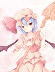 Rule 34 | 1girl, ascot, bad id, bad pixiv id, bat wings, blue hair, brooch, collarbone, doily, facing viewer, hasuga sea, hat, hat ribbon, head tilt, highres, jewelry, looking away, mob cap, pink background, red eyes, remilia scarlet, ribbon, short hair, skirt, skirt set, smile, solo, spear the gungnir, touhou, wings, wrist cuffs