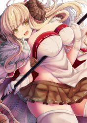 Rule 34 | 1girl, ahoge, anila (granblue fantasy), blonde hair, breasts, cape, cleavage, curvy, draph, fur cape, gloves, granblue fantasy, groin, highres, horns, huge breasts, long hair, miniskirt, open mouth, pleated skirt, short eyebrows, skirt, smile, solo, staff, thick eyebrows, thighhighs, white gloves, white thighhighs, yellow eyes, yude