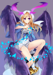 Rule 34 | 1girl, blonde hair, blue background, blue eyes, blue sleeves, blush, boots, bow, breasts, cleavage, commentary request, covered navel, dress, dress bow, eyes visible through hair, frilled dress, frills, frown, gradient background, gradient eyes, grey background, hand up, highres, impossible clothes, impossible dress, knee up, kurokage, long hair, lucifer (monster strike), medium breasts, monster strike, multicolored background, multicolored eyes, multiple wings, purple background, purple eyes, purple pupils, purple wings, sitting, solo, split mouth, swept bangs, thighs, veil, white footwear, white headwear, white veil, wide sleeves, wings