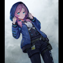 Rule 34 | 1girl, arknights, belt, belt pouch, blue eyes, blue jacket, blue poison (arknights), bow, bowtie, cloud, cloudy sky, dress shirt, glowing, highres, hood, hoodie, horizontal pupils, jacket, looking at viewer, pantyhose, pink hair, pouch, rain, shirt, shorts, sky, solo focus, suspenders, twintails, ume (yume uta da), vest, water drop