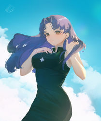 Rule 34 | 1girl, absurdres, bare arms, black dress, blue sky, breasts, brown eyes, closed mouth, cloud, commentary, cross, cross necklace, day, dress, earrings, floating hair, greek cross, hand in own hair, hands up, highres, jewelry, katsuragi misato, large breasts, long hair, looking at viewer, necklace, neon genesis evangelion, outdoors, purple hair, sandwich (3meiji), sky, sleeveless, sleeveless dress, smile, solo, stud earrings