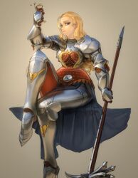 Rule 34 | 1girl, absurdres, armor, bad id, bad twitter id, blonde hair, blue eyes, breastplate, closed mouth, cup, gauntlets, greaves, hair slicked back, hammer, highres, holding, holding cup, holding hammer, holding weapon, invisible chair, looking at viewer, narrow waist, original, pauldrons, shoulder armor, simple background, sitting, smile, solo, toasting (gesture), waist cape, wass nonnam, weapon, yellow background