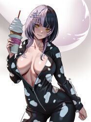 Rule 34 | 1girl, absurdres, alternate costume, animal print, black hair, breasts, cleavage, cow print, food, grey hair, hair ornament, highres, hololive, hololive english, ice cream, large breasts, looking at viewer, multicolored hair, open clothes, seventeencrows, shiori novella, simple background, smile, solo, split-color hair, twitter username, two-tone hair, virtual youtuber, yellow eyes, zipper