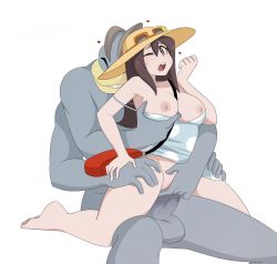 Rule 34 | 1boy, 1girl, ;o, artist request, barefoot, bottomless, breasts, breasts out, brown hair, closed eyes, clothed sex, couple, creatures (company), dress, feet, game freak, gen 1 pokemon, grabbing, grabbing another&#039;s breast, happy, hat, heart, hetero, interspecies, large breasts, looking at viewer, machamp, nintendo, nipples, no bra, npc trainer, one eye closed, open mouth, pokemon, pokemon (creature), pokemon sm, pokephilia, reverse cowgirl position, sex, sex from behind, sightseer (pokemon), simple background, smile, straddling, strap slip, sun hat, sunglasses, teeth, testicles, thigh grab, uncensored, vaginal, white background