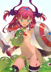 Rule 34 | 1girl, aqua eyes, areola slip, armor, between breasts, bikini, bikini armor, bikini pull, black thighhighs, breasts, circlet, clothes pull, contrapposto, cowboy shot, detached collar, elizabeth bathory (brave) (fate), elizabeth bathory (fate), fang, fate/grand order, fate (series), gauntlets, highres, horns, long hair, navel, open mouth, pauldrons, pink hair, pointy ears, pussy, pussy peek, red bikini, shield, shoulder armor, sidelocks, slime (creature), slime (substance), small breasts, solo, swimsuit, sword, tears, thighhighs, timbougami, two side up, weapon