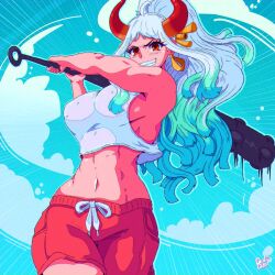 Rule 34 | 1girl, benbeau, blue hair, breasts, club (weapon), curvy, earrings, female focus, highres, horns, jewelry, large breasts, long hair, looking at viewer, multicolored hair, navel, one piece, orange eyes, shorts, sideboob, solo, thick thighs, thighs, two-tone hair, white hair, yamato (one piece)
