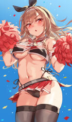 Rule 34 | 1girl, :o, absurdres, alternate costume, black hairband, black panties, black thighhighs, blue background, blush, breasts, brown hair, cheerleader, commentary request, confetti, crop top, goddess of victory: nikke, hair between eyes, hair ribbon, hairband, highleg, highleg panties, highres, holding, holding pom poms, large breasts, long hair, looking at viewer, michairu, microskirt, navel, open mouth, panties, pleated skirt, pom pom (cheerleading), pom poms, rapi (nikke), red eyes, red shirt, red skirt, ribbon, shirt, side-tie panties, skirt, small breasts, solo, standing, stomach, sweat, thighhighs, underboob, underwear, v-shaped eyebrows