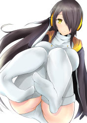 Rule 34 | 10s, 1girl, absurdres, black hair, breasts, closed mouth, commentary, dutch angle, emperor penguin (kemono friends), feet, foreshortening, frown, hair over one eye, hand on own head, headphones, highres, hood, hoodie, invisible chair, kemono friends, kirikan (cokekiri), large breasts, leotard, long hair, looking at viewer, multicolored hair, simple background, sitting, solo, thighhighs, white background, white leotard, white thighhighs, yellow eyes