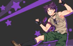 Rule 34 | 1boy, belt, black background, brown shirt, camp buddy, collared shirt, foot out of frame, green shorts, highres, looking at viewer, male focus, mikkoukun, official art, official wallpaper, parted lips, purple hair, purple outline, purple ribbon, red eyes, ribbon, scar, scar on arm, scar on face, shirt, shorts, sleeveless, smile, solo, star (symbol), starry background, teeth, white background, yukimura yoichi