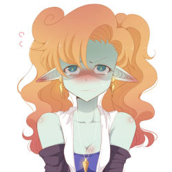 1girl alien blue_skin blush colored_skin dragon_ball dragonball_z nervous orange_hair zangya