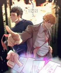 Rule 34 | 2boys, absurdres, belt, black belt, black hair, black jacket, brown pants, chengzhineixihuanxiaogou, closed mouth, collared shirt, highres, holding, holding letter, jacket, letter, looking at viewer, male focus, mob psycho 100, multiple boys, necktie, open clothes, open jacket, orange hair, pants, pointing, pointing at viewer, reigen arataka, serizawa katsuya, shirt, short hair, smile, translation request, white shirt