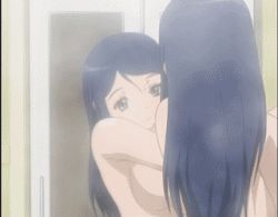 Rule 34 | 00s, 2girls, animated, animated gif, anime screenshot, blue eyes, blue hair, blush, breast hold, breasts, brown hair, covering privates, covering breasts, fujino shizuru, kuga natsuki, long hair, lowres, multiple girls, my-hime, naked towel, nude, nude cover, screencap, sunrise (company), surprised, towel