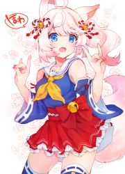 Rule 34 | 1girl, animal ear fluff, animal ears, bell, blue eyes, blue shirt, blue sleeves, blue thighhighs, bow, commentary request, detached sleeves, double fox shadow puppet, floral background, fox ears, fox girl, fox shadow puppet, fox tail, hair bell, hair between eyes, hair ornament, highres, howan (show by rock!!), jewelry, long hair, long sleeves, looking at viewer, nail polish, neckerchief, open mouth, pleated skirt, red bow, red nails, red skirt, ribbon-trimmed legwear, ribbon-trimmed sleeves, ribbon trim, sailor collar, shichijou natori, shirt, show by rock!!, side ponytail, sidelocks, silver hair, skirt, sleeveless, sleeveless shirt, solo, tail, thighhighs, white background, white sailor collar, wide sleeves, yellow neckerchief