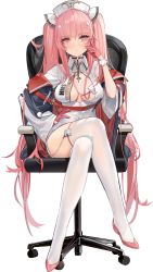 Rule 34 | 1girl, azur lane, black choker, breasts, chair, choker, collared shirt, crossed legs, eyelashes, flats, full body, gloves, hair ornament, half gloves, hand on own hip, hand up, hat, id card, kincora, large breasts, long hair, long sleeves, looking at viewer, nurse, nurse cap, off shoulder, office chair, official alternate costume, official art, open clothes, open shirt, perseus (azur lane), perseus (unfamiliar duties) (azur lane), pink eyes, pink footwear, pink gloves, pink hair, shirt, sitting, solo, swivel chair, thighhighs, thighs, transparent background, twintails, very long hair, white shirt, white thighhighs, wide sleeves