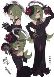 Rule 34 | 1girl, absurdres, bare shoulders, black dress, black headwear, child, clenched teeth, commentary request, dress, embarrassed, eyeball, flat chest, flower, from above, from side, gloves, green hair, hair over one eye, halo, highres, lace, lace gloves, light blush, long hair, long sleeves, multiple views, original, ouroboros, ouroboros-chan (zizi niisan), parted lips, pointy ears, red eyes, red flower, red rose, rose, simple background, snake, teeth, very long hair, white background, white halo, white snake, wide sleeves, zizi niisan